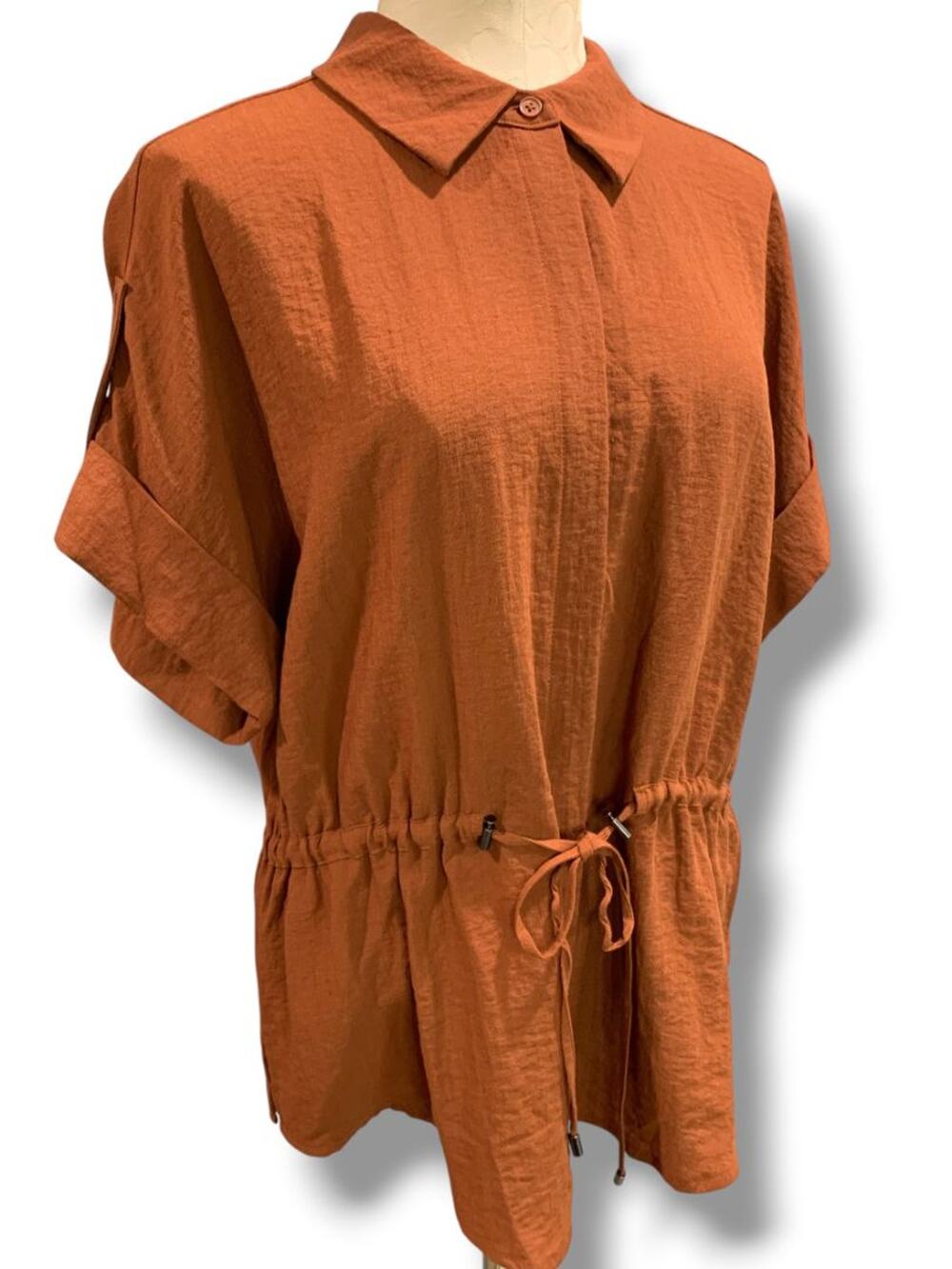 Size XL Simply Vera Wang Womens Shirt Blouse Drawstring Waist Short Sleeve Rust